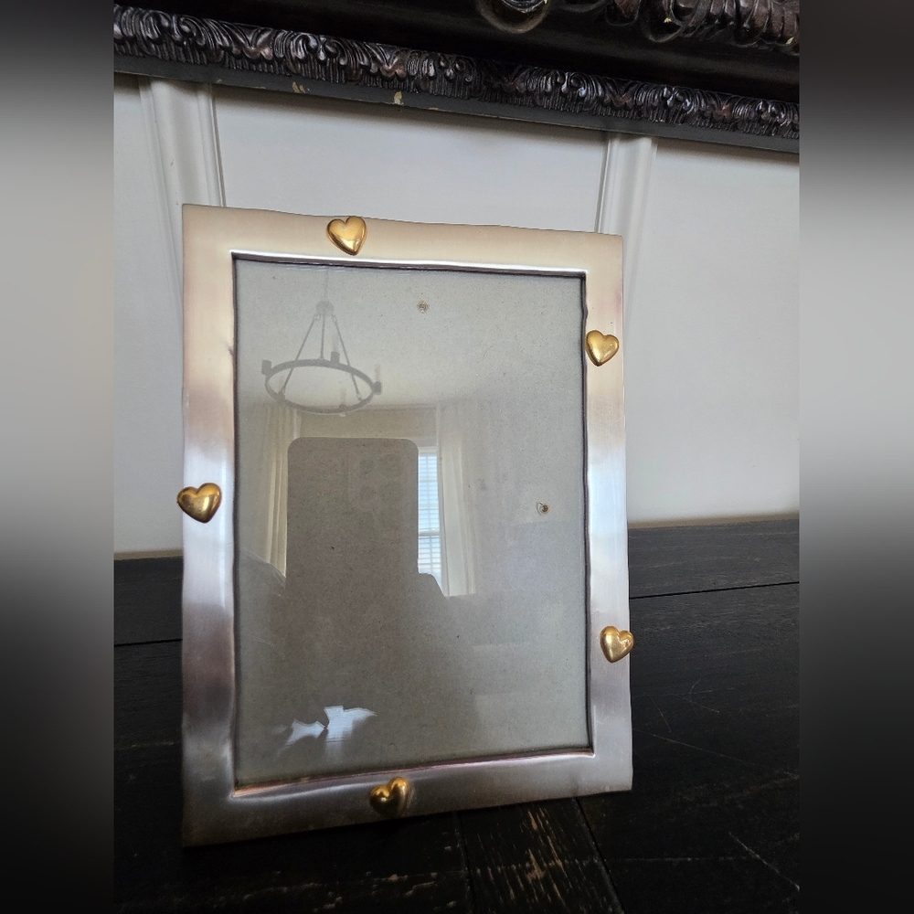 Vtg Rectangular Silver Toned Metal Finish Gold Hearts Picture Frame 8x5 Elsa L